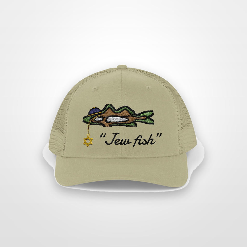 Khaki "Jew fish" snook trucker hat, front view on a plain backdrop: snook in a kippah