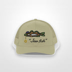 Khaki "Jew fish" snook trucker hat, front view on a plain backdrop: snook in a kippah