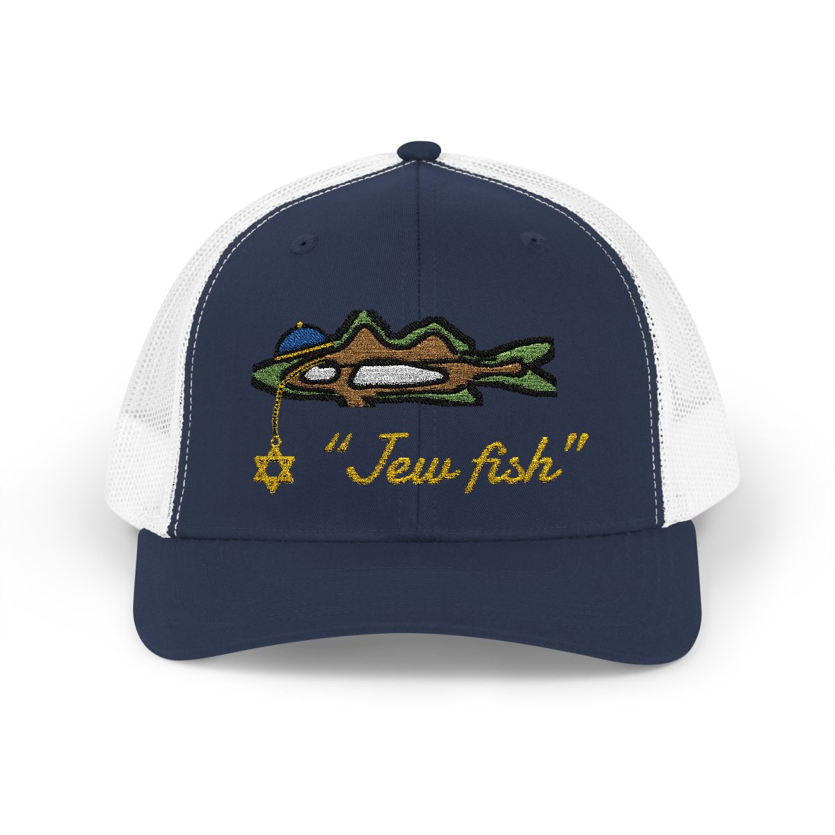 Navy and White "Jew fish" snook trucker hat, front view: snook in a kippah with a Star of David chain