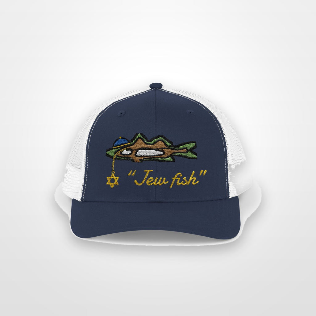 Navy and White "Jew fish" snook trucker hat, front view on a plain backdrop: snook in a kippah