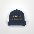 Navy and White "Jew fish" snook trucker hat, front view on a plain backdrop: snook in a kippah