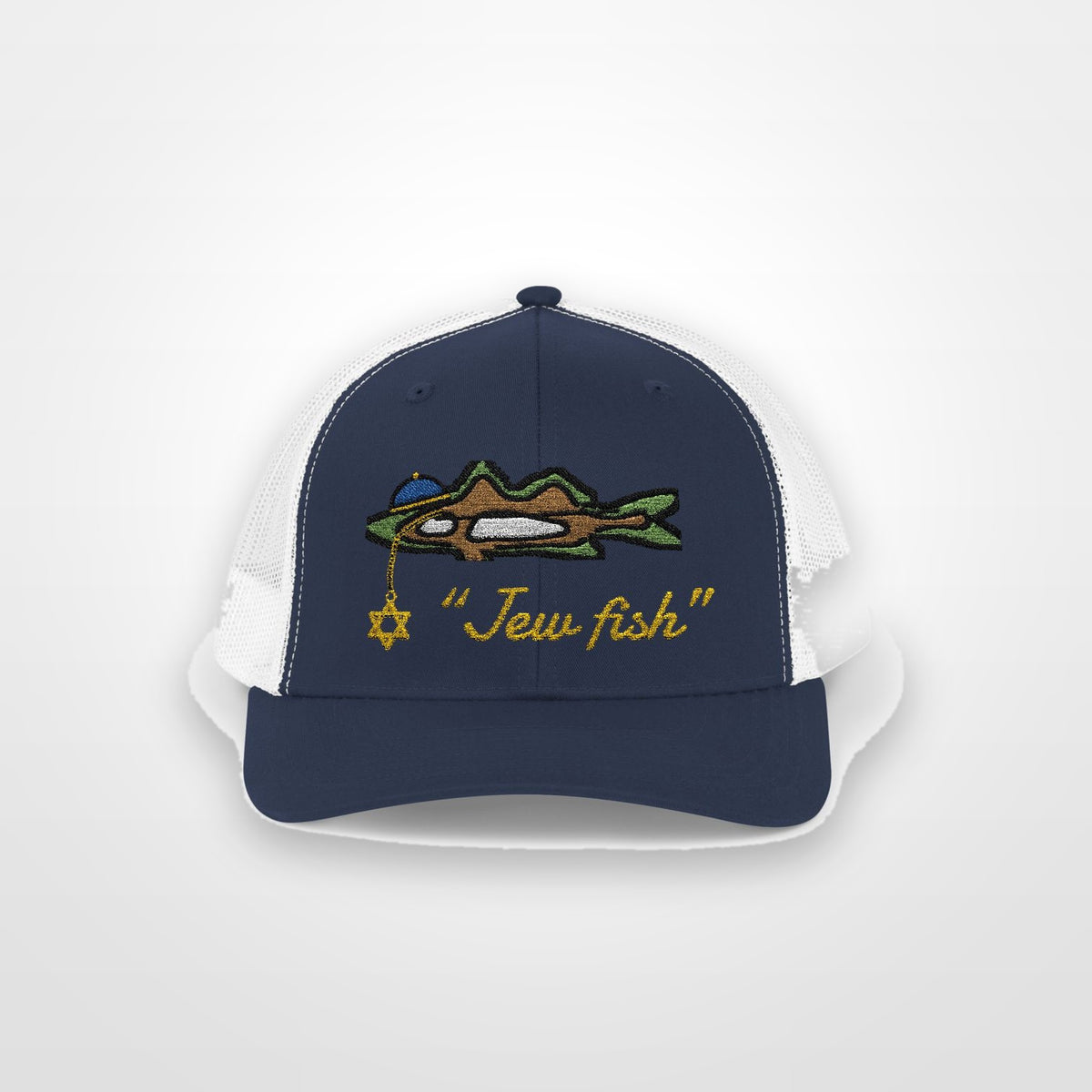 Navy and White "Jew fish" snook trucker hat, front view on a plain backdrop: snook in a kippah