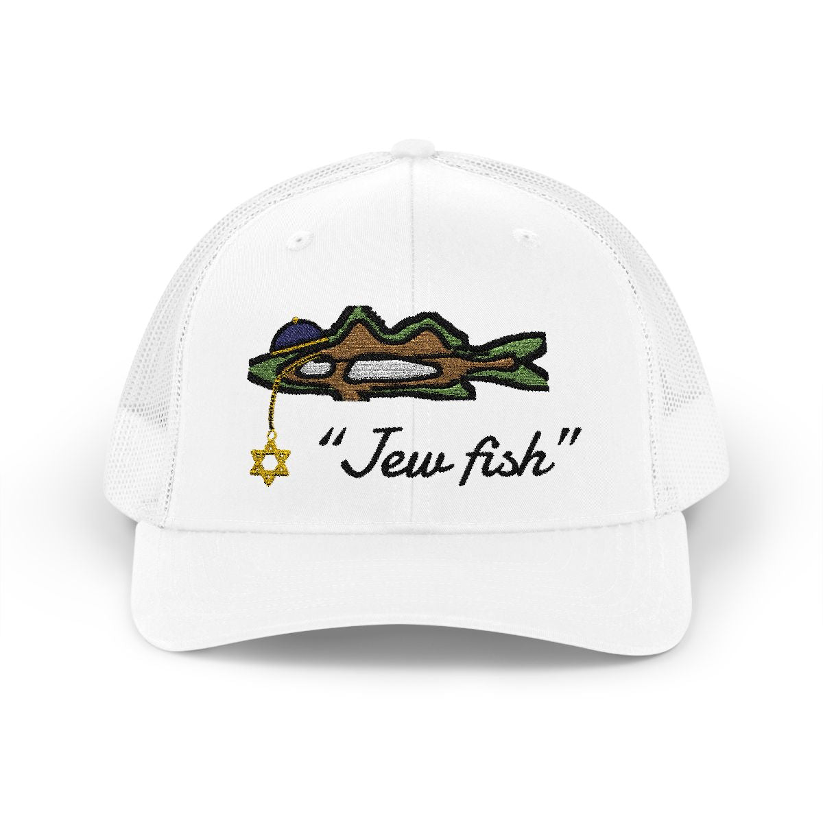 White "Jew fish" snook trucker hat, front view: snook in a kippah with a Star of David chain