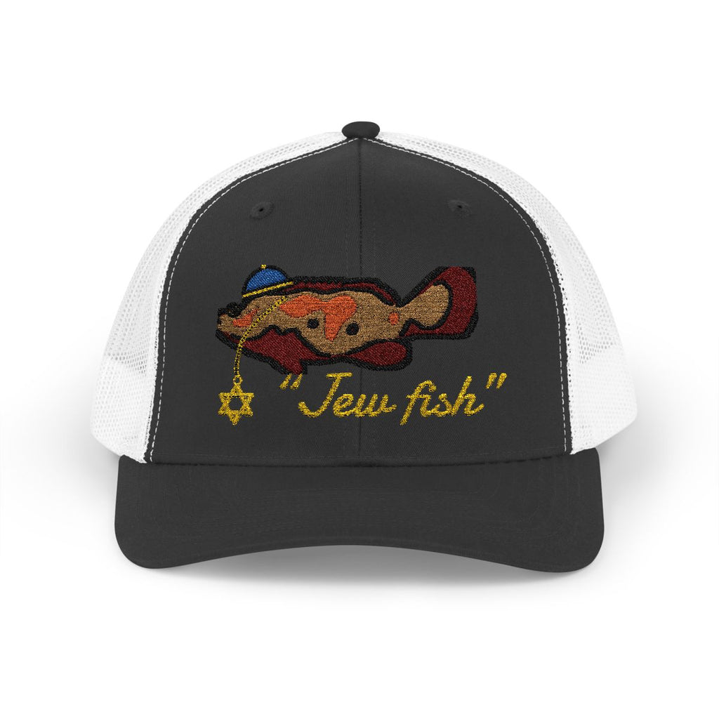 Black and White "Jew fish" Goliath grouper trucker hat, front view: Goliath grouper in a kippah with a Star of David chain