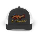 Black and White "Jew fish" Goliath grouper trucker hat, front view: Goliath grouper in a kippah with a Star of David chain