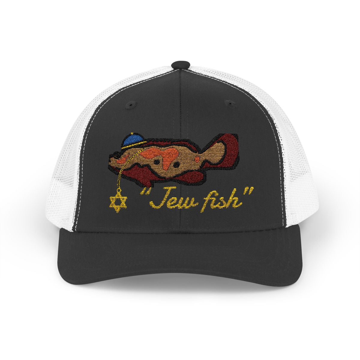 Black and White "Jew fish" Goliath grouper trucker hat, front view: Goliath grouper in a kippah with a Star of David chain