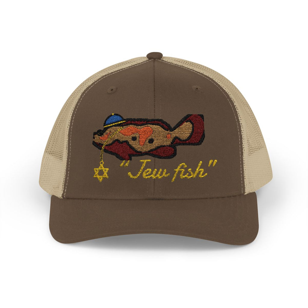 Brown and Khaki "Jew fish" Goliath grouper trucker hat, front view: Goliath grouper in a kippah with a Star of David chain