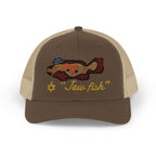 Brown and Khaki "Jew fish" Goliath grouper trucker hat, front view: Goliath grouper in a kippah with a Star of David chain