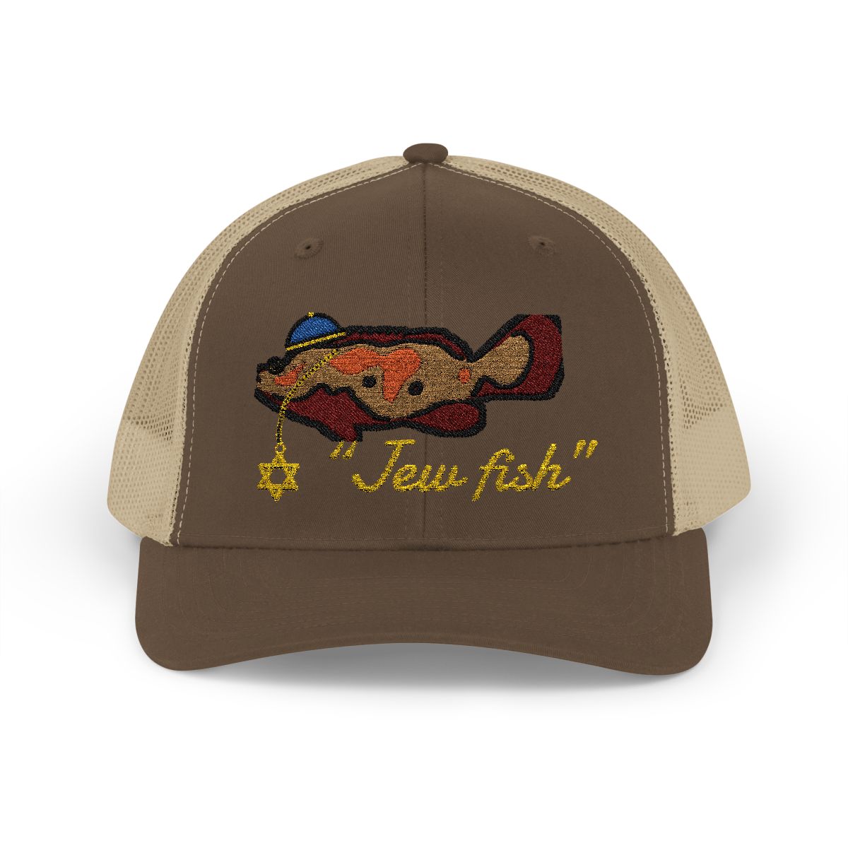 Brown and Khaki "Jew fish" Goliath grouper trucker hat, front view: Goliath grouper in a kippah with a Star of David chain