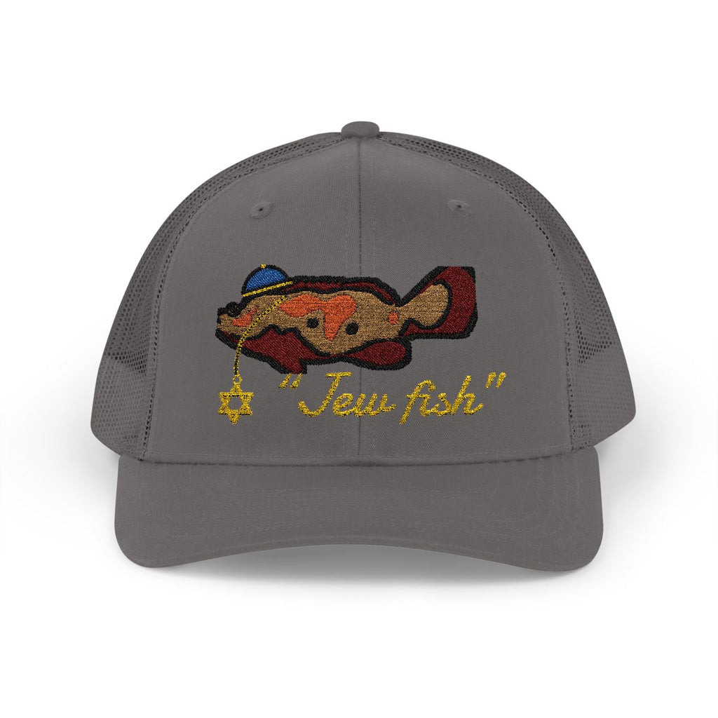 Charcoal "Jew fish" Goliath grouper trucker hat, front view: Goliath grouper in a kippah with a Star of David chain
