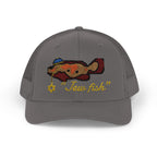 Charcoal "Jew fish" Goliath grouper trucker hat, front view: Goliath grouper in a kippah with a Star of David chain