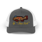 Charcoal and White "Jew fish" Goliath grouper trucker hat, front view: Goliath grouper in a kippah with a Star of David chain