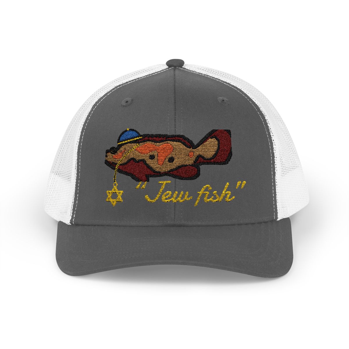 Charcoal and White "Jew fish" Goliath grouper trucker hat, front view: Goliath grouper in a kippah with a Star of David chain