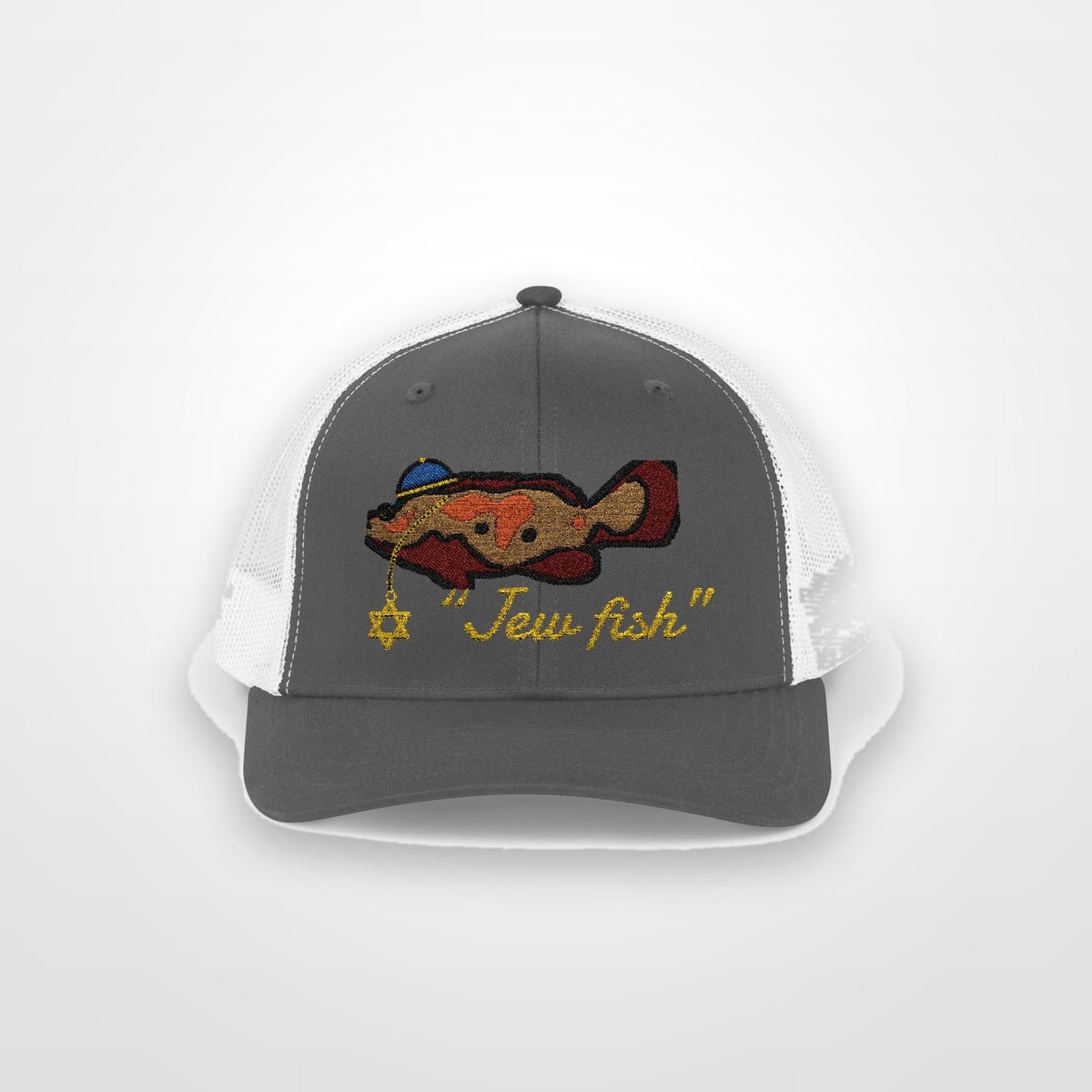 Charcoal and White "Jew fish" Goliath grouper trucker hat, front view on a plain backdrop: Goliath grouper in a kippah