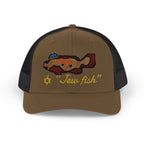 Coyote Brown and Black "Jew fish" Goliath grouper trucker hat, front view: Goliath grouper in a kippah with a Star of David chain
