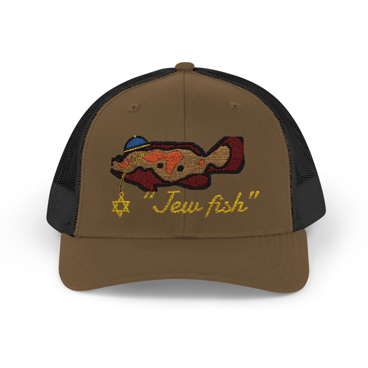 Coyote Brown and Black "Jew fish" Goliath grouper trucker hat, front view: Goliath grouper in a kippah with a Star of David chain