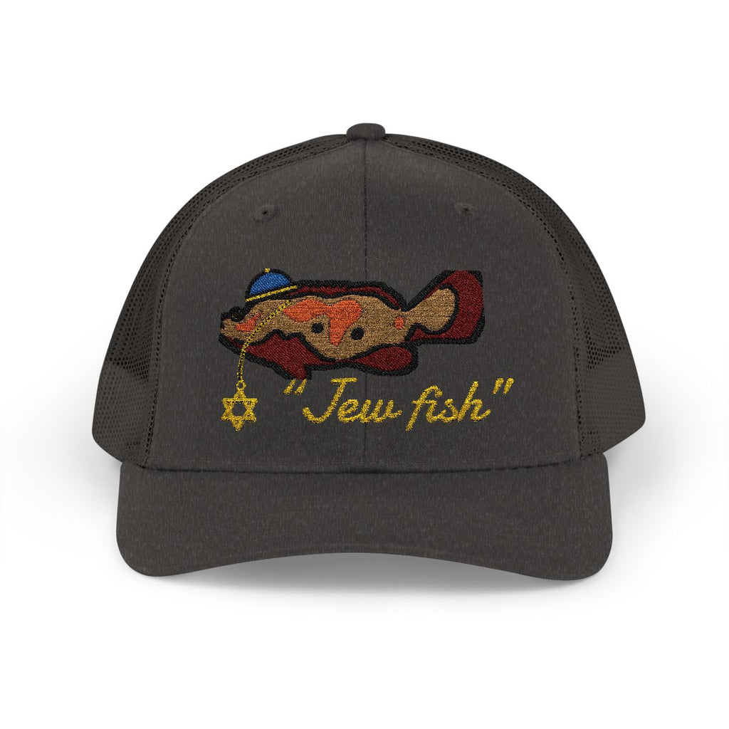 Dark Heather Grey "Jew fish" Goliath grouper trucker hat, front view: Goliath grouper in a kippah with a Star of David chain