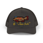 Dark Heather Grey "Jew fish" Goliath grouper trucker hat, front view: Goliath grouper in a kippah with a Star of David chain