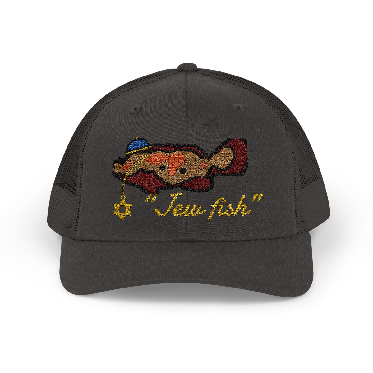Dark Heather Grey "Jew fish" Goliath grouper trucker hat, front view: Goliath grouper in a kippah with a Star of David chain