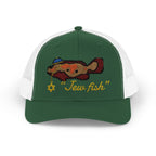 Evergreen and White "Jew fish" Goliath grouper trucker hat, front view: Goliath grouper in a kippah with a Star of David chain