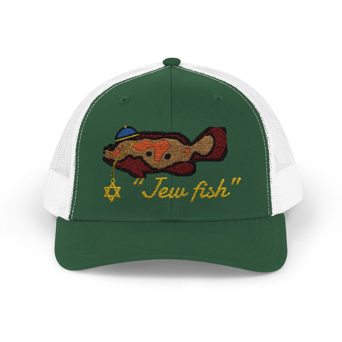 Evergreen and White "Jew fish" Goliath grouper trucker hat, front view: Goliath grouper in a kippah with a Star of David chain
