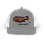 Heather Grey and White "Jew fish" Goliath grouper trucker hat, front view: Goliath grouper in a kippah with a Star of David chain