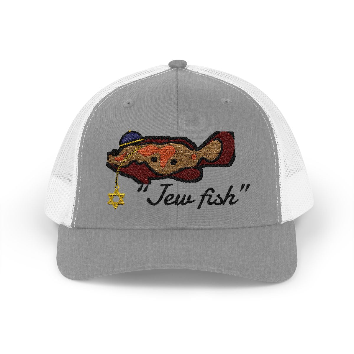 Heather Grey and White "Jew fish" Goliath grouper trucker hat, front view: Goliath grouper in a kippah with a Star of David chain