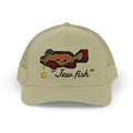 Khaki "Jew fish" Goliath grouper trucker hat, front view: Goliath grouper in a kippah with a Star of David chain