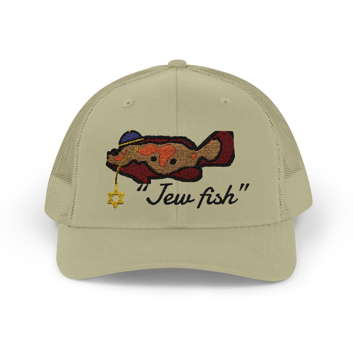 Khaki "Jew fish" Goliath grouper trucker hat, front view: Goliath grouper in a kippah with a Star of David chain