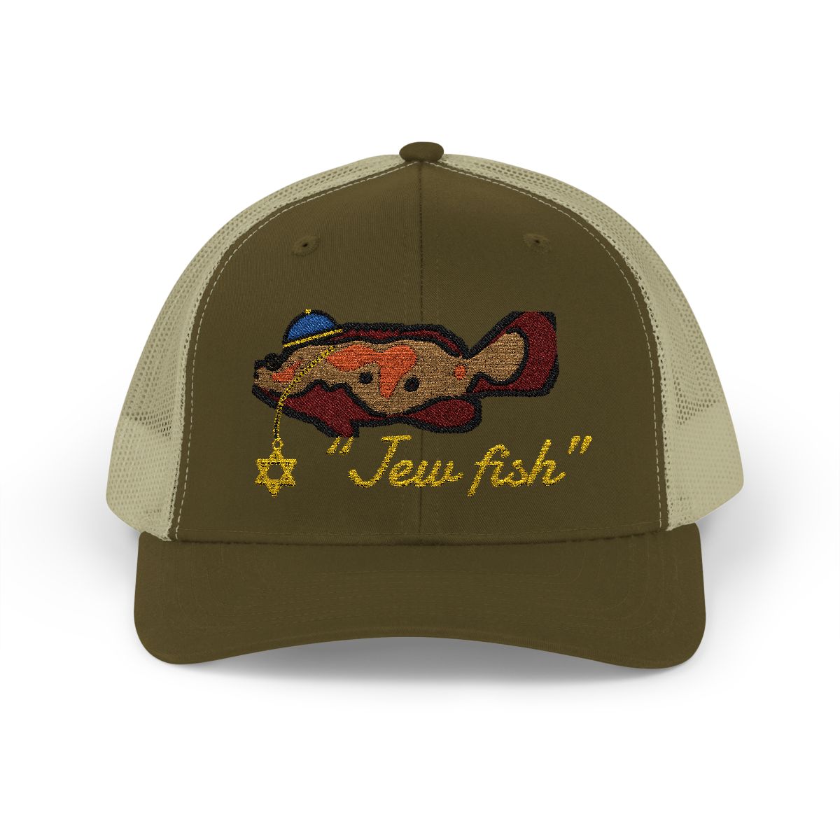 Moss and Khaki "Jew fish" Goliath grouper trucker hat, front view: Goliath grouper in a kippah with a Star of David chain