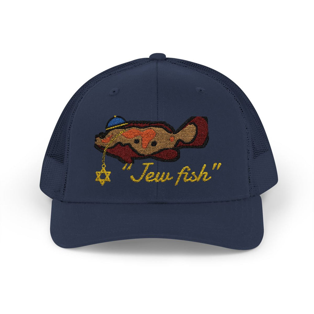 Navy "Jew fish" Goliath grouper trucker hat, front view: Goliath grouper in a kippah with a Star of David chain