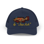 Navy "Jew fish" Goliath grouper trucker hat, front view: Goliath grouper in a kippah with a Star of David chain