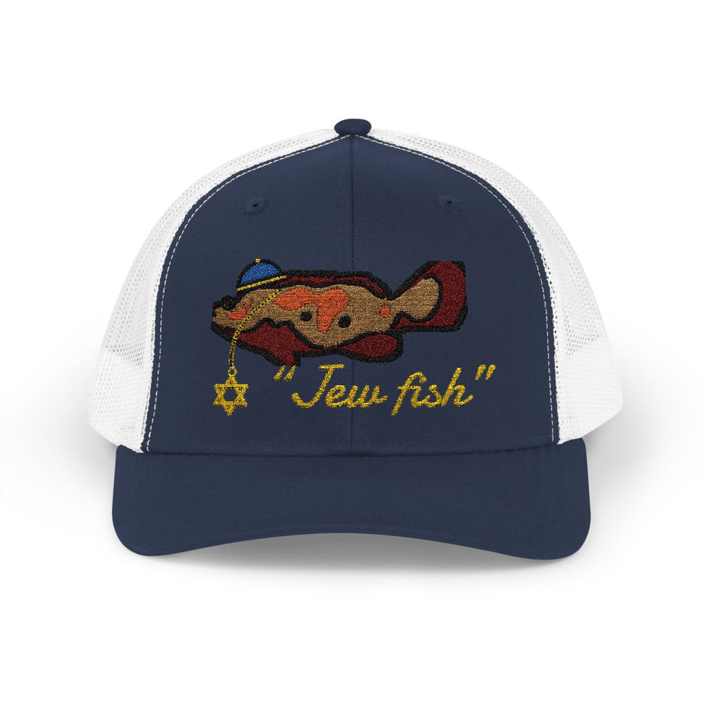 Navy and White "Jew fish" Goliath grouper trucker hat, front view: Goliath grouper in a kippah with a Star of David chain