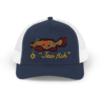 Navy and White "Jew fish" Goliath grouper trucker hat, front view: Goliath grouper in a kippah with a Star of David chain