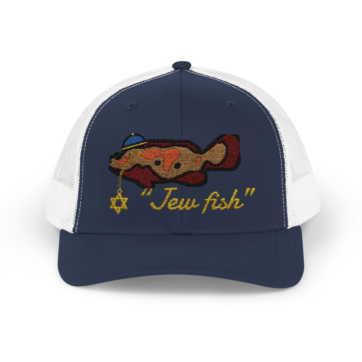 Navy and White "Jew fish" Goliath grouper trucker hat, front view: Goliath grouper in a kippah with a Star of David chain