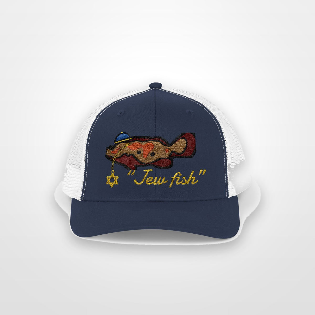 Navy and White "Jew fish" Goliath grouper trucker hat, front view on a plain backdrop: Goliath grouper in a kippah