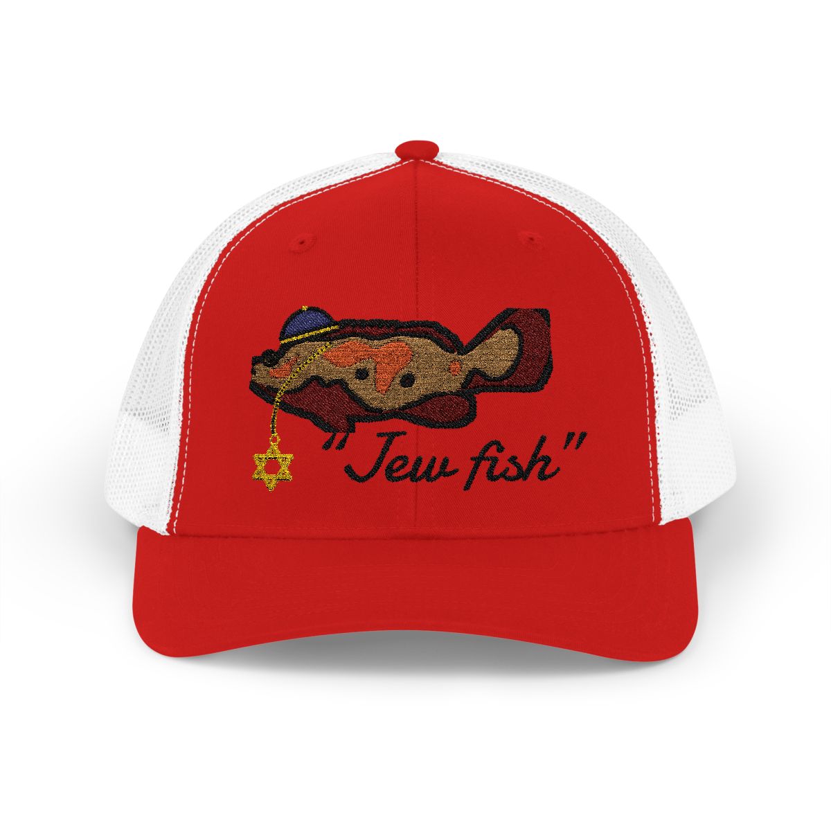Red and White "Jew fish" Goliath grouper trucker hat, front view: Goliath grouper in a kippah with a Star of David chain