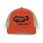Rustic Orange and Khaki "Jew fish" Goliath grouper trucker hat, front view: Goliath grouper in a kippah with a Star of David chain