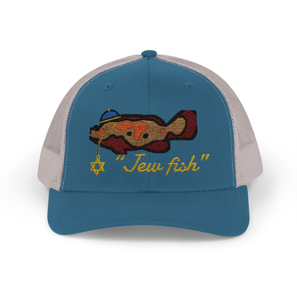 Steel Blue and Silver "Jew fish" Goliath grouper trucker hat, front view: Goliath grouper in a kippah with a Star of David chain