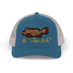 Steel Blue and Silver "Jew fish" Goliath grouper trucker hat, front view: Goliath grouper in a kippah with a Star of David chain