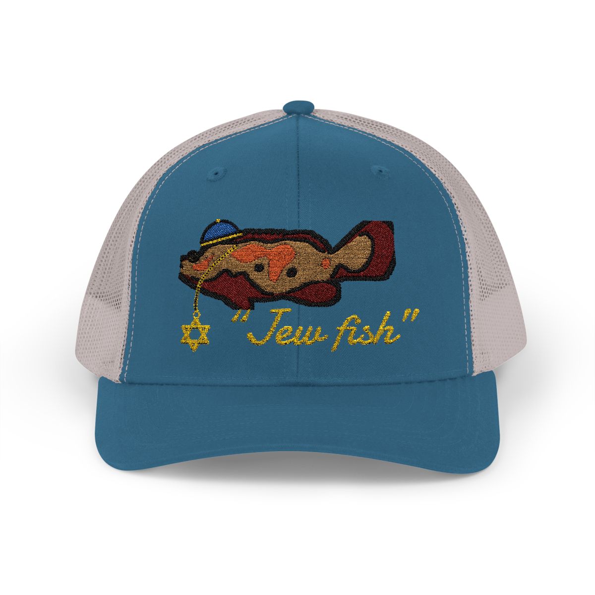 Steel Blue and Silver "Jew fish" Goliath grouper trucker hat, front view: Goliath grouper in a kippah with a Star of David chain