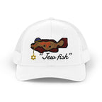 White "Jew fish" Goliath grouper trucker hat, front view: Goliath grouper in a kippah with a Star of David chain