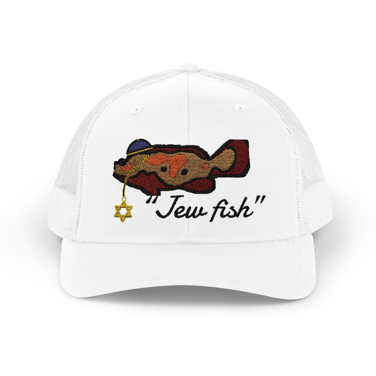 White "Jew fish" Goliath grouper trucker hat, front view: Goliath grouper in a kippah with a Star of David chain