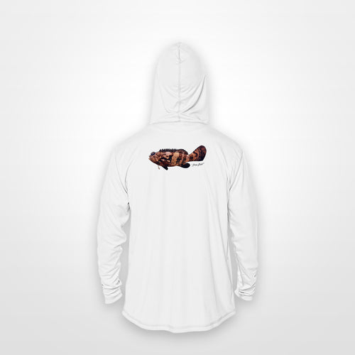 White "Jew fish" Goliath grouper sun hoodie, Vapor Apparel edition, back view: 9 inch print